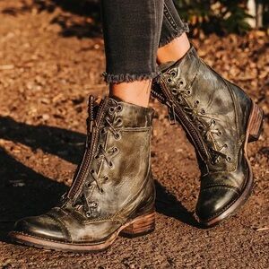 FREEBIRD BY STEVEN Liverpool Leather Lace Up Combat Moto Boots Size 8 in Olive